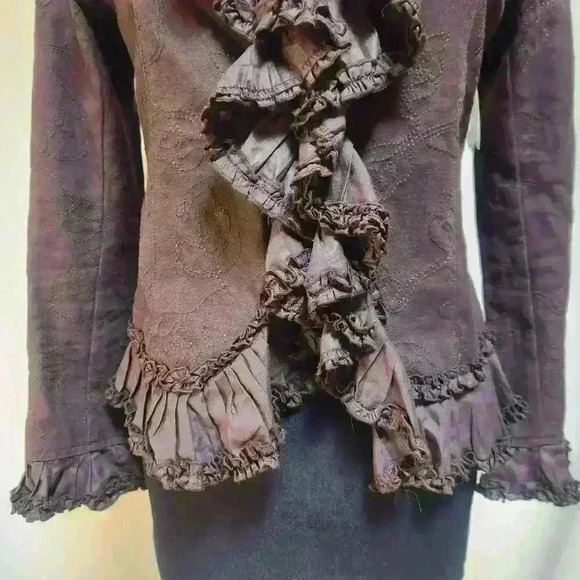 NWOT Stunning Hazel Medium Warm Brown Jacket Embroidered Ruffle Pleated Trim - Picture 5 of 11